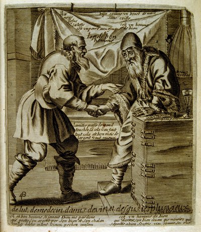 Graveret illustration fra det 17. århundrede fra en samling ordsprog. Paris 1657-1663. Af Jacques Lagniet (1620-1675). Fransk kobberstikker. Fra ham stammer mange samfundskritiske stik og hånlige billeder som hans til tider groteske og fantastiske illustra af Jacques Lagniet