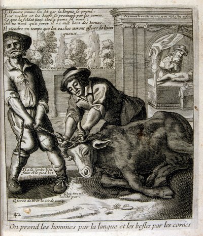 Graveret illustration fra det 17. århundrede fra en samling ordsprog. Paris 1657-1663. Af Jacques Lagniet (1620-1675). Fransk kobberstikker. Fra ham stammer mange samfundskritiske stik og hånlige billeder som hans til tider groteske og fantastiske illustra af Jacques Lagniet