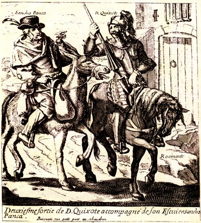 Don Quijote på Rossinante, ledsaget af Sancho Panca på sit æsel Grison, ca. 1640 (illustration) af Jacques Lagniet