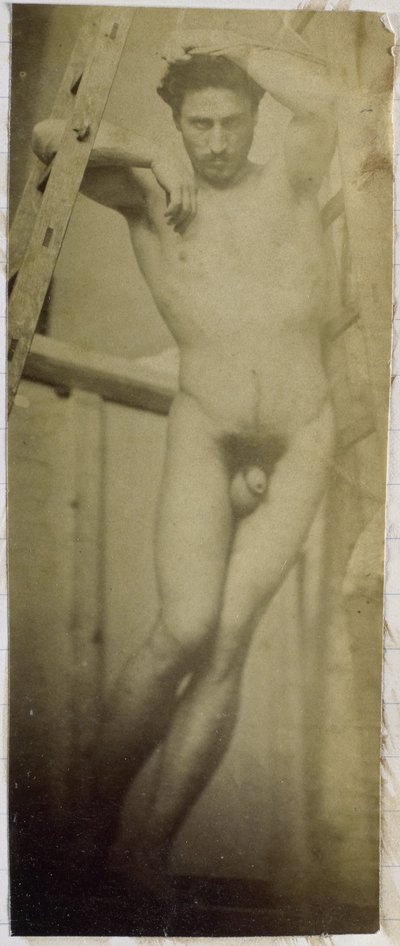 Studie af en mandlig nøgenmodel, hængende i et træstillads, i Jacques de Lalaings studie af Jacques Lalaing (attributed to)