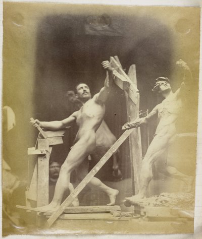 Studie af en mandlig nøgenmodel i et stillads, set fra siden og ved siden af ​​en gipsmodel i samme positur, i Jacques de Lalaings studie af Jacques Lalaing (attributed to)