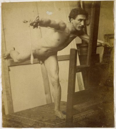 Studie af en mandlig nøgenmodel, der læner sig frem med højre ben tilbage, i Jacques de Lalaings studie af Jacques Lalaing (attributed to)