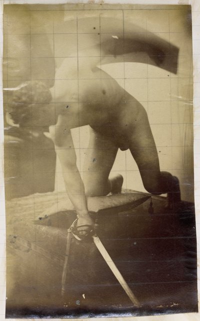 Studie af en mandlig nøgenmodel, på knæ med et sværd og skjold i hænderne, i Jacques de Lalaings værksted af Jacques Lalaing (attributed to)