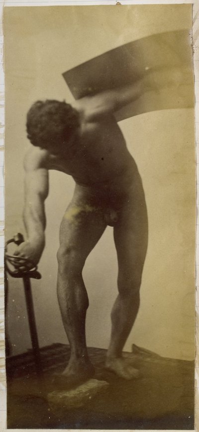 Studie af en mandlig nøgenmodel, stående bøjet med sværd og skjold i hænderne, i Jacques de Lalaings studie af Jacques Lalaing (attributed to)