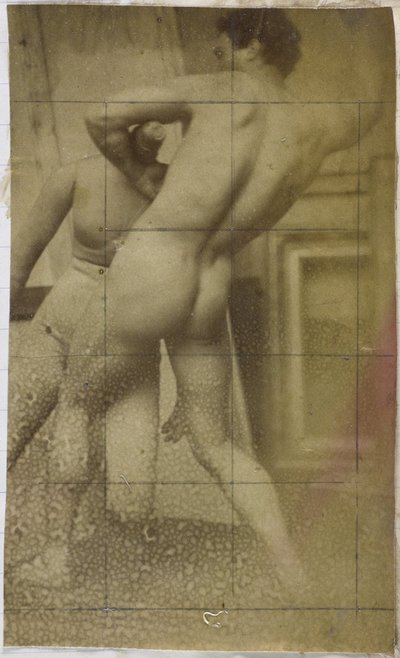 Studie af en mandlig nøgenmodel, stående, set fra ryggen og brydning med en mannequin, i Jacques de Lalaings atelier, mulig forundersøgelse til maleriet Wrestlers af Jacques Lalaing (attributed to)