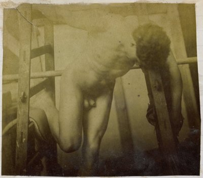 Studie af en mandlig nøgenmodel, der læner sig frem i et træstillads, i Jacques de Lalaings studie af Jacques Lalaing (attributed to)