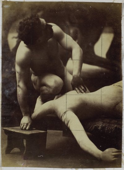 Studie af en mandlig nøgenmodel, der brydes med en mannequin, i Jacques de Lalaings studie af Jacques Lalaing (attributed to)