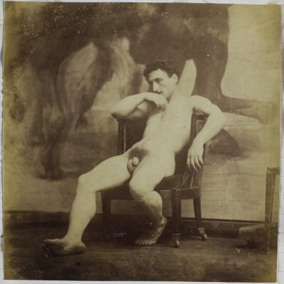 Studie af en mandlig nøgenmodel, siddende i en stol, i Jacques de Lalaings studie af Jacques Lalaing (attributed to)