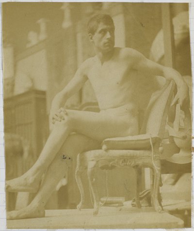 Studie af en mandlig nøgenmodel, siddende på en lænestol og set bagfra, i Jacques de Lalaings studie af Jacques Lalaing (attributed to)