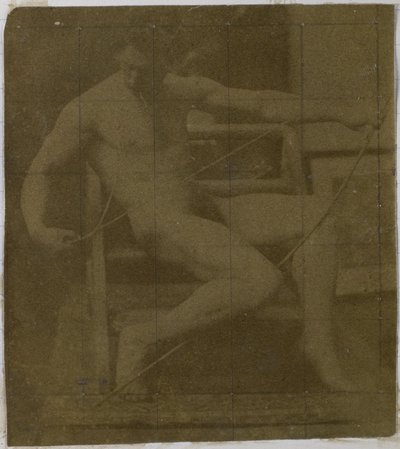 Studie af en mandlig nøgenmodel siddende på et trin, set forfra med et reb og sløjfe på skødet, i Jacques de Lalaings studie af Jacques Lalaing (attributed to)
