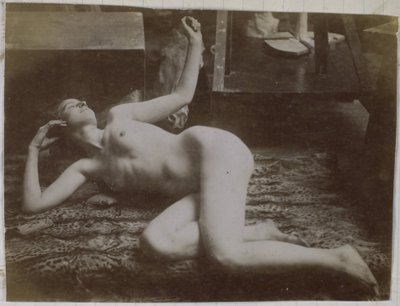 Studie af en kvindelig nøgenmodel, liggende på et tigerskind, i Jacques de Lalaings studie af Jacques Lalaing (attributed to)