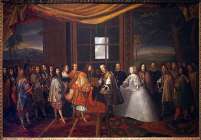 Trediveårskrig: "" Interview med kongen af Frankrig Ludvig XIV (1638-1715) og Filip IV af Spanien (1605-1665) på øen Paisans den 7/11/1659"" Spanien indvilliger i at underskrive traktaten om Pyrenæerne. Datter af Philip IV, Marie Therese (Marie-Therese) af Jacques Laumosnier