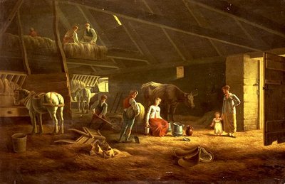 En mælkepige, gårdmænd og plovheste i en lade af Jacques Laurent (circle of) Agasse