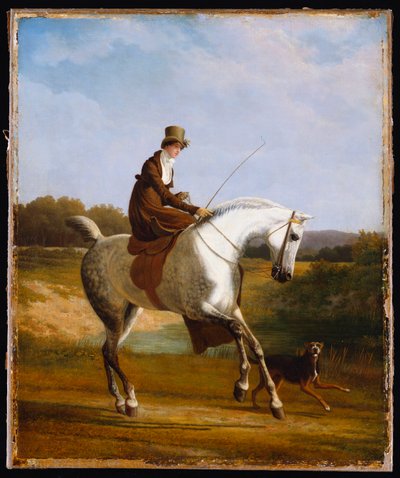Miss Cazenove på en grå jæger, en hund der løber ved siden af af Jacques Laurent Agasse