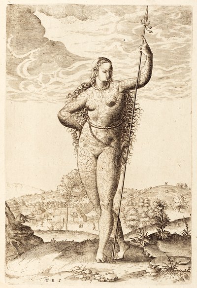 A Young Pictish Woman, c1585 (bw-gravering) af Jacques Le Moyne