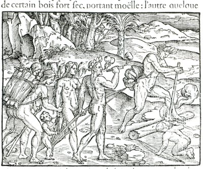 Indianer gør ild efter jagt, graveret af Theodor de Bry (1525-75) af Jacques Le Moyne
