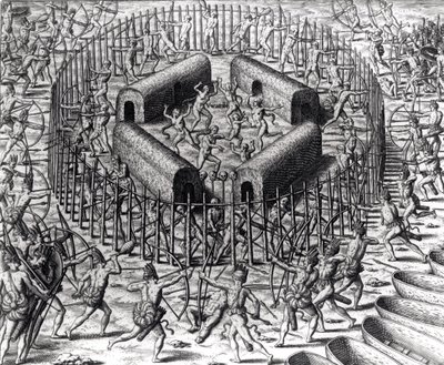 Johannes Staden hjælper med at forsvare indianerne, der fangede ham mod Tuppin Tkins, indgraveret af Theodore de Bry (1528-98), fra 