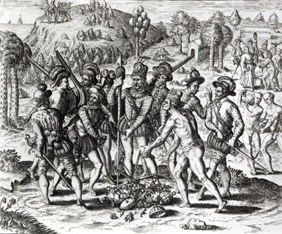 Spaniere, der modtager gaver fra indianere, fra 
