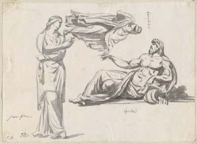 En flodgud og to klassiske skulpturer af Jacques Louis David