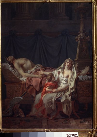 ""Andromache sørger over Hector"" (Andromache sørger over Hector). Også kaldet ""Andromaches smerte og beklagelse på kroppen af ​​Hector hendes mand"". Andromaque og hendes søn Astyanax foran liget af Hector, dræbt under den trojanske krig. Maleri af Jacq af Jacques Louis David
