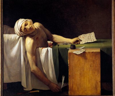 Fransk revolution: "" Jean Paul Marat (1743-1793) myrdet i sit badekar den 13/07/1793" Maleri af Jerome Martin Langlois (1779-1838), medlem af Jacques Louis Davids værksted. 19. århundrede af Jacques Louis David