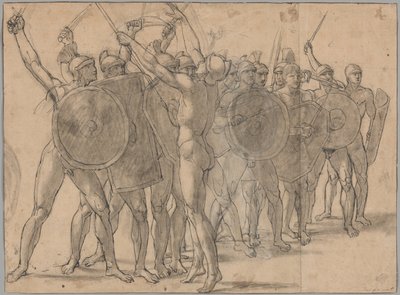 Nøgne soldater gestikulerer med deres våben (recto); To draperistudier til figuren af Tatius (verso) af Jacques Louis David