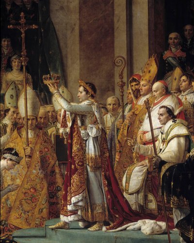 Napoleons rite. Detalje af Napoleon, der bærer kronen under kejser Napoleon I Bonapartes helligdom og kroningen af Imperatrice Josephine ved Notre-Dame de Paris den 2. december af Jacques Louis David