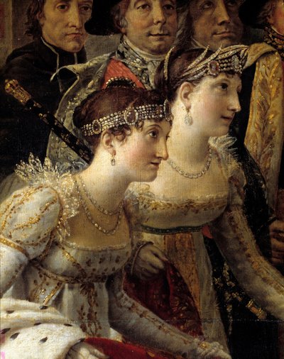 Napoleons rite. Detalje, der repræsenterer Madame de la Rochefoucault og Madame Lavalette under kejser Napoleon I Bonapartes helligdom og kroningen af Imperatrice Josephine ved Notre-Dame de Paris den 2. december af Jacques Louis David