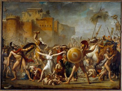 Sabinerne mellem deres romerske ægtemænd (til højre) og deres sabinske brødre (til venstre) og viser dem deres børn - Maleri af Jacques-Louis (Jacques Louis) David (1748-1825) af Jacques Louis David