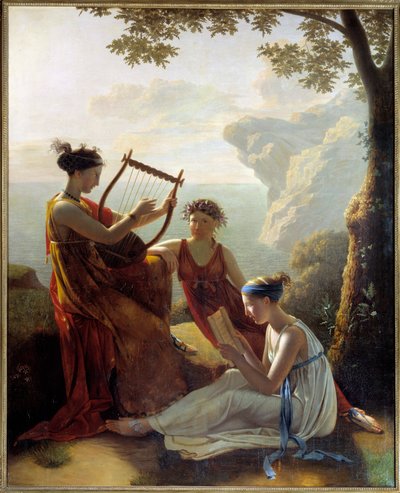 Den græske digter Sapho (Sappho) spiller lyre og to af hendes ledsagere Maleri af Jacques Louis Grandin (1780-?) 1808 Paris, Musee Marmottan af Jacques Louis Michel Grandin