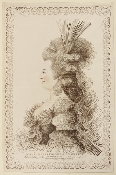 Kalligrafisk portræt af Marie Antoinette, 1787 (ætsning og gravering) af Jacques Louis Petit
