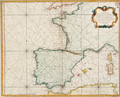 Kort over Vesteuropa med Paris-meridianen som den primære af Jacques Nicolas Bellin