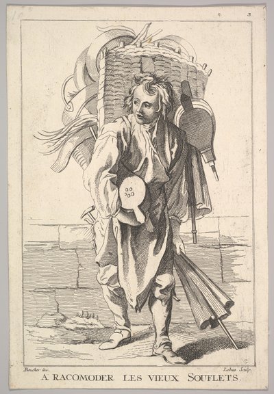 Omvendt kopi af A Racomoder les Vieux Souflets Mend the Old Bellows, fra Le Cri..., 1700-tallet. af Jacques Philippe Le Bas