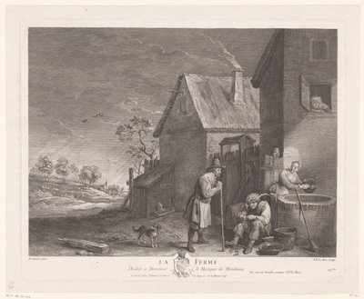 To mænd og en kvinde foran brønden ved en gård La Ferme (titel på objekt) af Jacques Philippe Le Bas