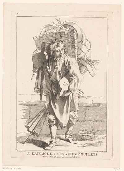 Bælge sælger A Racomoder les vieux Souflets (titel på objekt) Cris de Paris (serietitel) Street Vendors of Paris (serietitel) af Jacques Philippe Le Bas