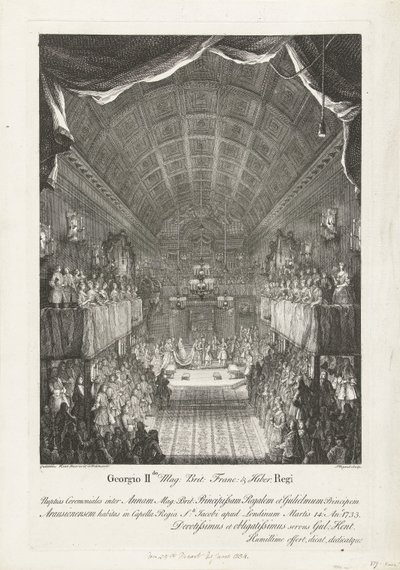 Huwelijk van Willem IV mødte prinsesse Anna, 1734 George II Mag: Brit: Franc: & Hiber. Kongens bryllupsceremoni mellem Anne (...) og William (...) Tirsdag den 14.: Ano: 1733 (...) (titel på objektet) af Jacques Rigaud