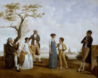 Familiebillede foran en havn af Jacques Sablet