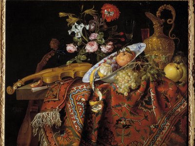 Stilleben med violin og akvamarin Maleri af Jacques Samuel Bernard (1615-1687) af Jacques Samuel Bernard