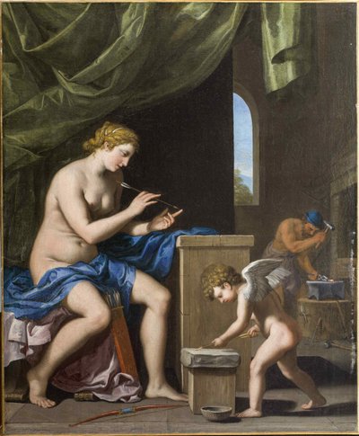 Vulcan smede pilene til Amor, ca. 1645. af Jacques Stella