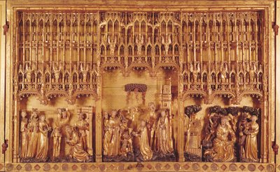 Altertavle af hellige og martyrer, midterpanel halshugningen af Skt. Johannes Døberen, St. Katarina af Alexandrias og Skt. Barbaras Martyrium og Skt. Anthonys Fristelse, ca. 1391 (forgyldt wo af Jacques de Baerze or Baers
