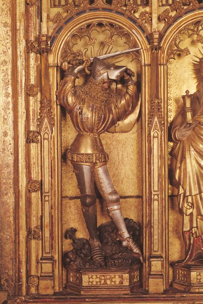 Altertavle af korsfæstelsen, detalje af St. George fra venstre panel, fra Church of Chartreuse de Champmol, ca. 1391 (forgyldt træ) af Jacques de Baerze or Baers