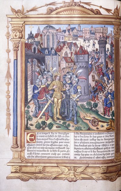 Oplyst manuskript, der forestiller en konge og hans hær foran en by, 1503-04 af Jacques de Besancon