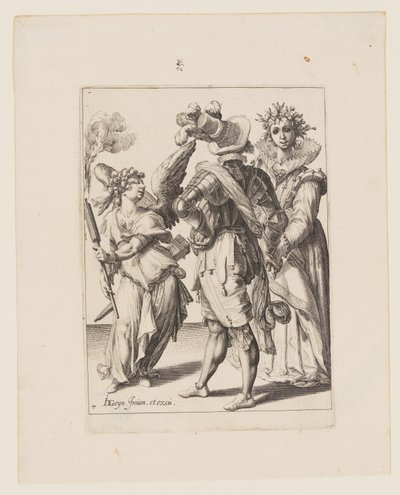 Amor med bind for øjnene holder en fakkel foran et par, fra The Masquerades af Jacques de Gheyn II