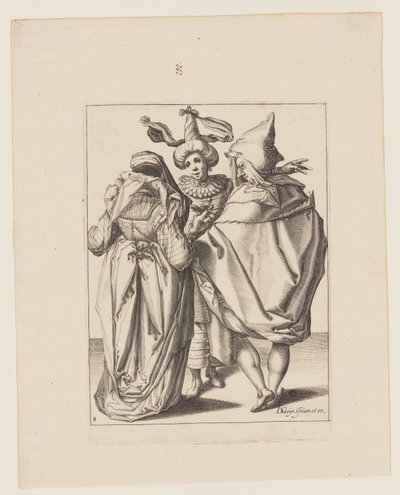 Et par henvender sig til en gestikulerende ung mand, fra Maskeraderne af Jacques de Gheyn II