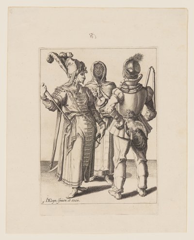 En stormand i østlig klædedragt, en mand med en pik i bæltet og en tilsløret kvinde, der spiller på rumlepotte, fra Maskeraderne af Jacques de Gheyn II