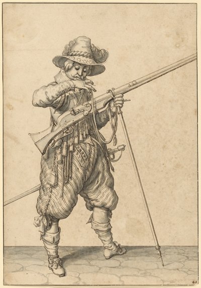 En soldat på vagt puster til tændstikken af Jacques de Gheyn II