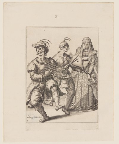 En tilsløret kvinde med to musikere, der spiller på et gitterjern og en blæsebælg, fra Maskeraderne af Jacques de Gheyn II