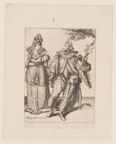 En kvinde anført af en spiller, der holder en fakkel, fra Maskeraderne af Jacques de Gheyn II