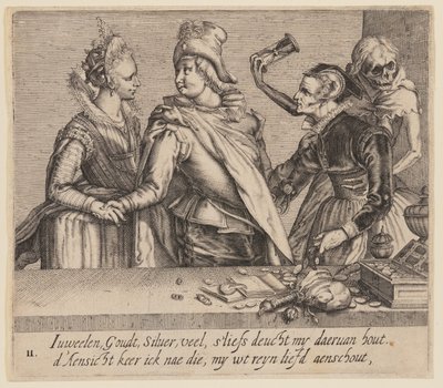 En ung mand mellem en ung kvinde og en gammel kvinde, fra Unequal Lovers af Jacques de Gheyn II