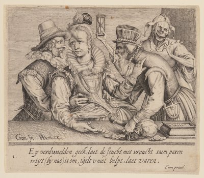 En ung kvinde mellem en ung mand og en gammel mand, fra Unequal Lovers af Jacques de Gheyn II